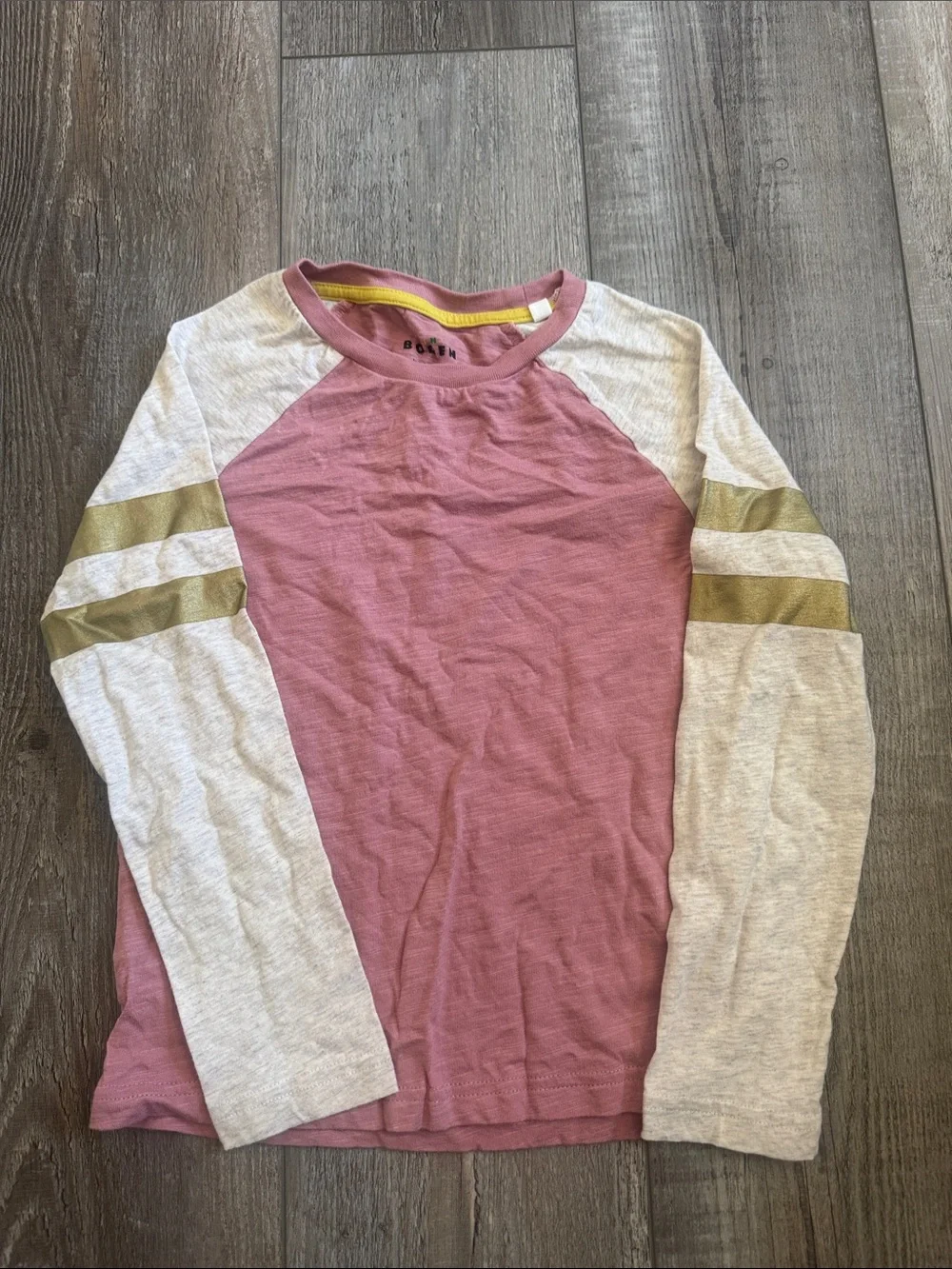 Mini Boden Girls' Long Sleeve Raglan Tee in Rose and Cream with Gold Stripes